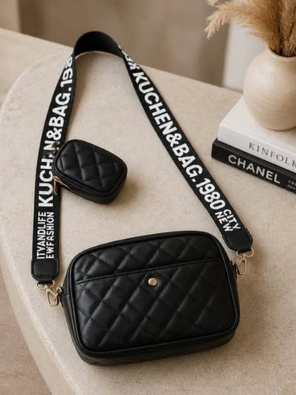 Black Quilted Crossbody Bag Wide Logo Strap Coin Pouch Purse Preowned - Picture 2 of 4